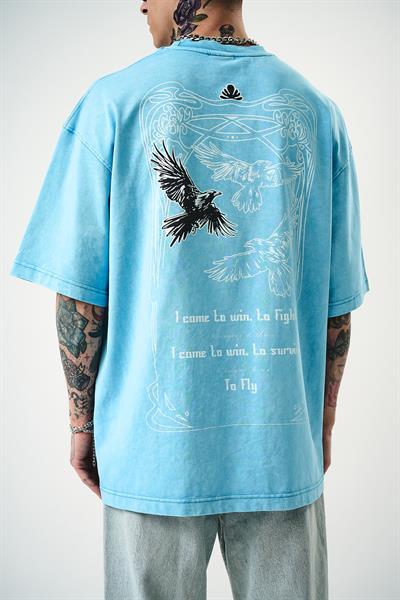 Erkek To Fly Baskılı Yıkamalı Oversize T-Shirt Mavi