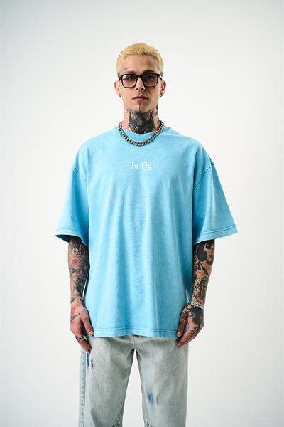 Erkek To Fly Baskılı Yıkamalı Oversize T-Shirt Mavi