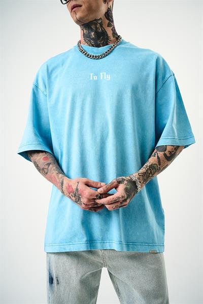 Erkek To Fly Baskılı Yıkamalı Oversize T-Shirt Mavi
