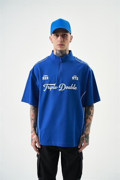 Erkek Triple Double Baskılı Yarım Fermuarlı Oversize T-Shirt Saks