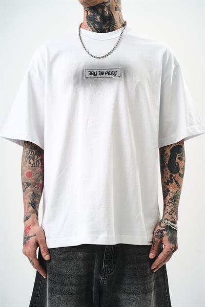 Erkek Try To Pray Nakışlı Oversize T-Shirt Ekru
