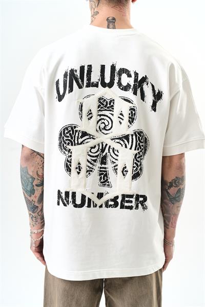 Erkek Unlucky Baskılı Oversize T-Shirt Ekru
