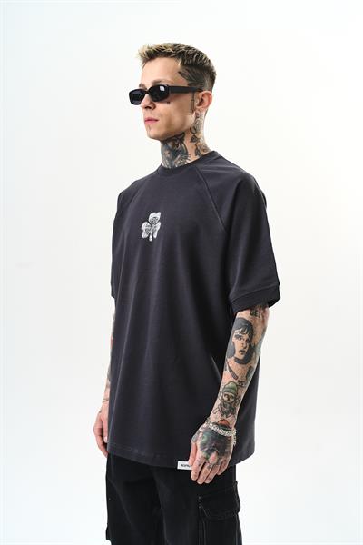Erkek Unlucky Baskılı Oversize T-Shirt Füme