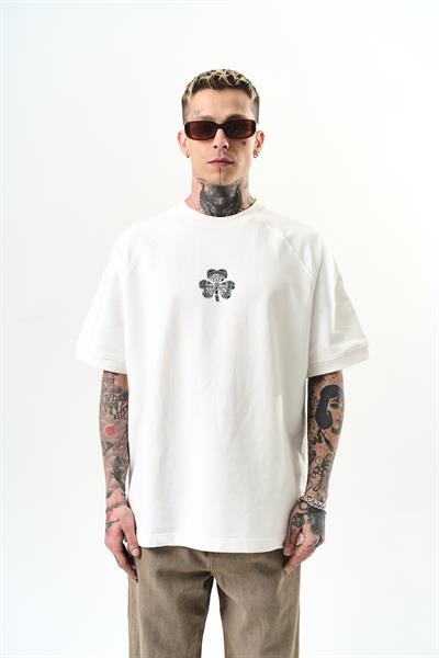 Erkek Unlucky Baskılı Oversize T-Shirt Ekru
