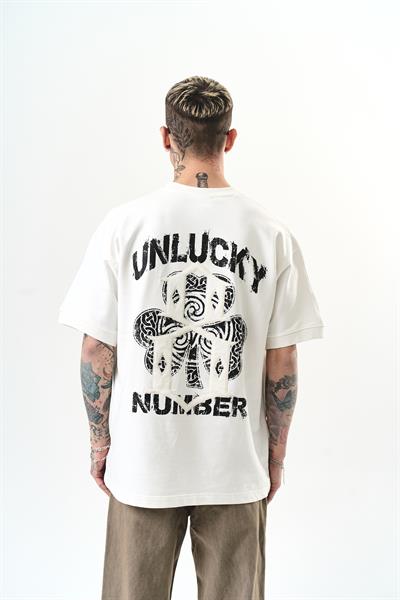 Erkek Unlucky Baskılı Oversize T-Shirt Ekru