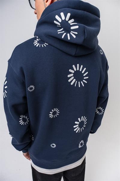 Erkek Upload Baskılı Kapüşonlu Oversize Hoodie Lacivert