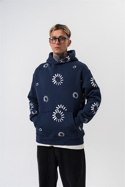 Erkek Upload Baskılı Kapüşonlu Oversize Hoodie Lacivert