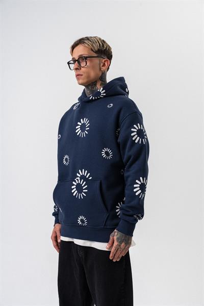 Erkek Upload Baskılı Kapüşonlu Oversize Hoodie Lacivert