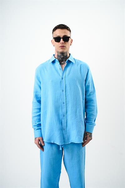 Erkek Uzun Kol Oversize Müslin Gömlek BebeMavi