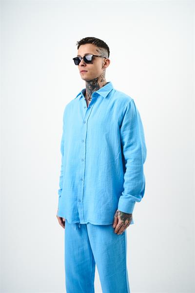 Erkek Uzun Kol Oversize Müslin Gömlek BebeMavi