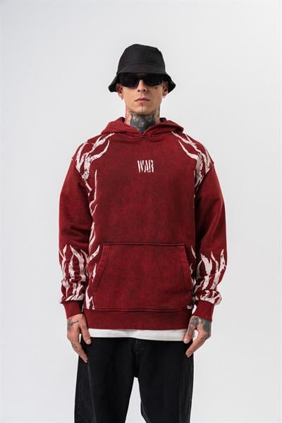 Erkek War Baskılı Yıkamalı Kapüşonlu Oversize Hoodie Bordo