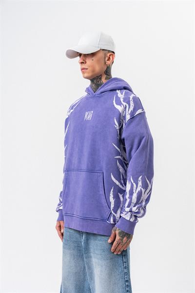 Erkek War Baskılı Yıkamalı Kapüşonlu Oversize Hoodie Mor