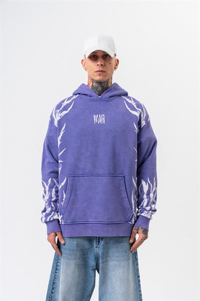 Erkek War Baskılı Yıkamalı Kapüşonlu Oversize Hoodie Mor