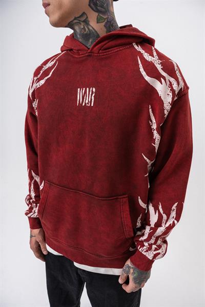 Erkek War Baskılı Yıkamalı Kapüşonlu Oversize Hoodie Bordo