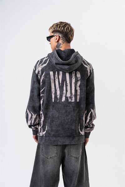 Erkek War Baskılı Yıkamalı Kapüşonlu Oversize Hoodie Siyah