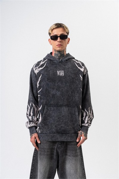Erkek War Baskılı Yıkamalı Kapüşonlu Oversize Hoodie Siyah