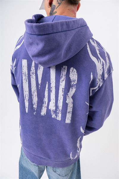 Erkek War Baskılı Yıkamalı Kapüşonlu Oversize Hoodie Mor