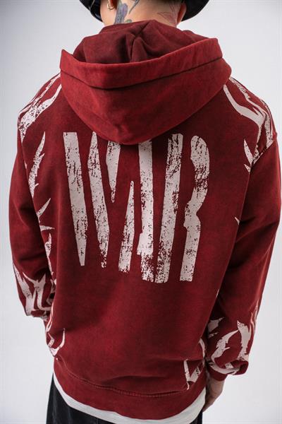 Erkek War Baskılı Yıkamalı Kapüşonlu Oversize Hoodie Bordo