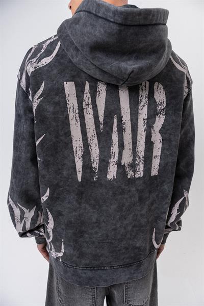 Erkek War Baskılı Yıkamalı Kapüşonlu Oversize Hoodie Siyah