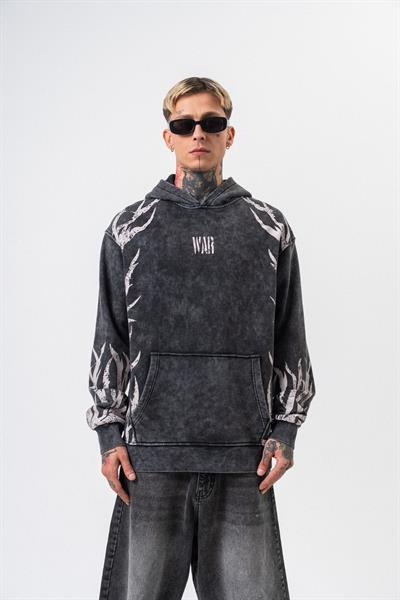Erkek War Baskılı Yıkamalı Kapüşonlu Oversize Hoodie Siyah