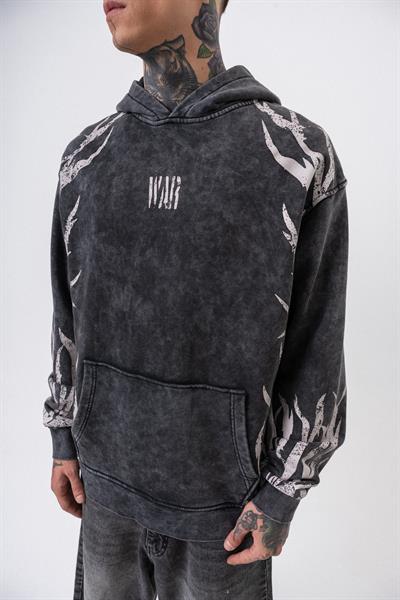 Erkek War Baskılı Yıkamalı Kapüşonlu Oversize Hoodie Siyah