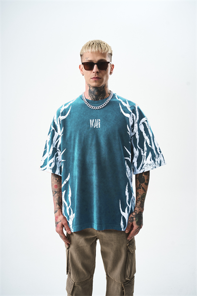 Erkek War Baskılı Yıkamalı Oversize T-Shirt Petrol