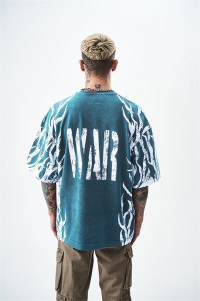 Erkek War Baskılı Yıkamalı Oversize T-Shirt Petrol