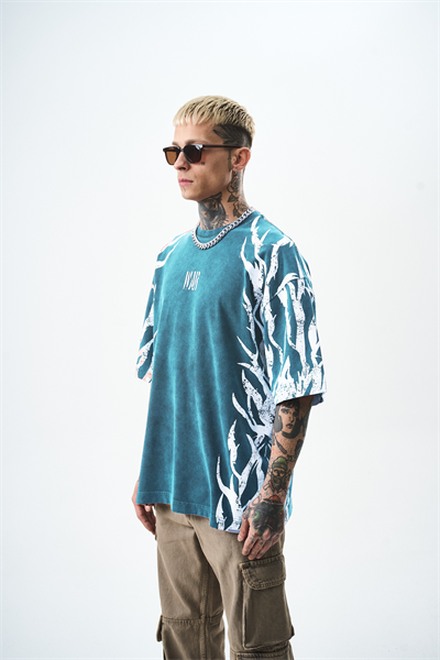 Erkek War Baskılı Yıkamalı Oversize T-Shirt Petrol