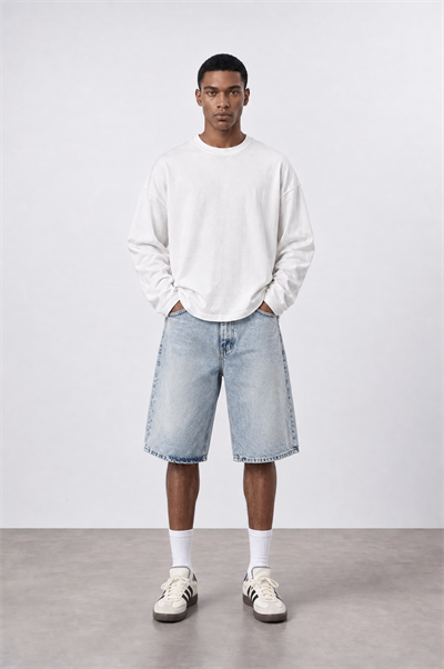 Erkek Washed Jean Şort Buz Mavi