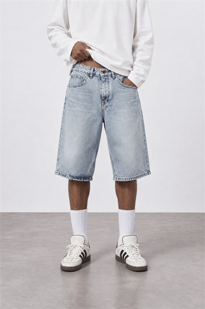 Erkek Washed Jean Şort Buz Mavi