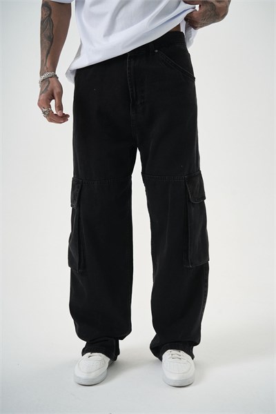 Erkek Washed Paraşüt Kargo Baggy Pantolon Siyah
