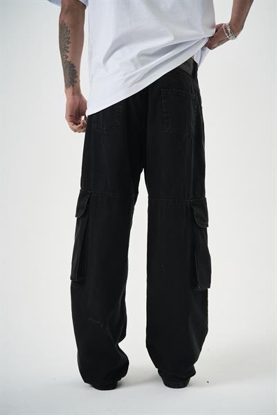 Erkek Washed Paraşüt Kargo Baggy Pantolon Siyah
