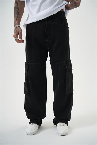 Erkek Washed Paraşüt Kargo Baggy Pantolon Siyah