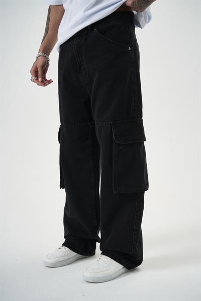Erkek Washed Paraşüt Kargo Baggy Pantolon Siyah