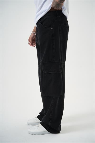 Erkek Washed Paraşüt Kargo Baggy Pantolon Siyah
