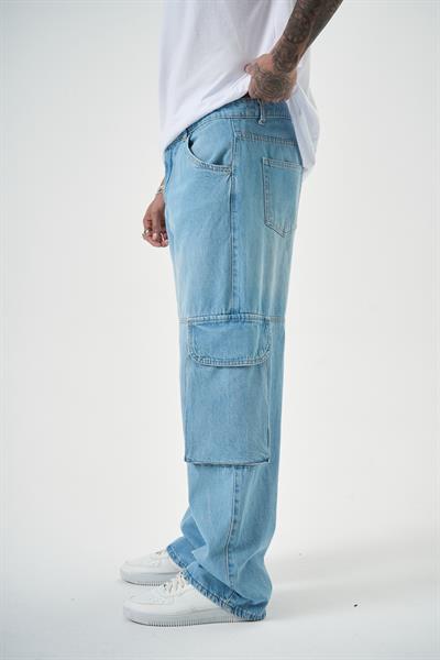 Erkek Washed Paraşüt Kargo Baggy Pantolon Mavi