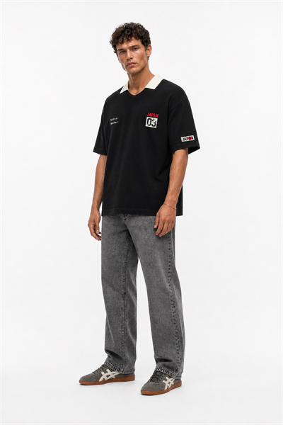 Erkek Yaka Detaylı Oversize T-Shirt Siyah