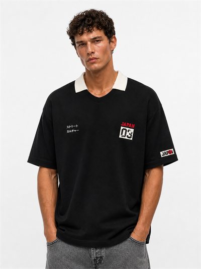Erkek Yaka Detaylı Oversize T-Shirt Siyah