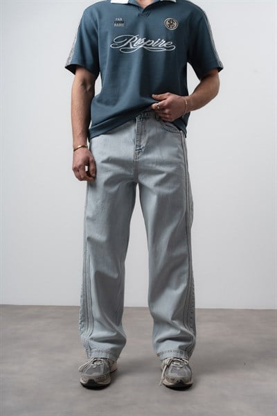 Erkek Yan Şerit Detaylı Baggy Jean Buz Mavisi