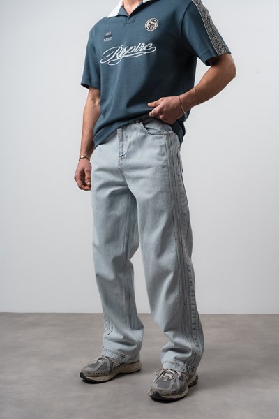 Erkek Yan Şerit Detaylı Baggy Jean Buz Mavisi