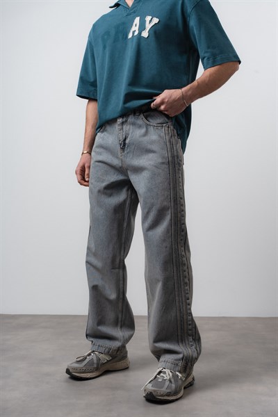 Erkek Yan Şerit Detaylı Baggy Jean Mavi