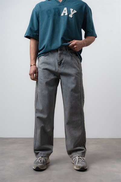 Erkek Yan Şerit Detaylı Baggy Jean Mavi
