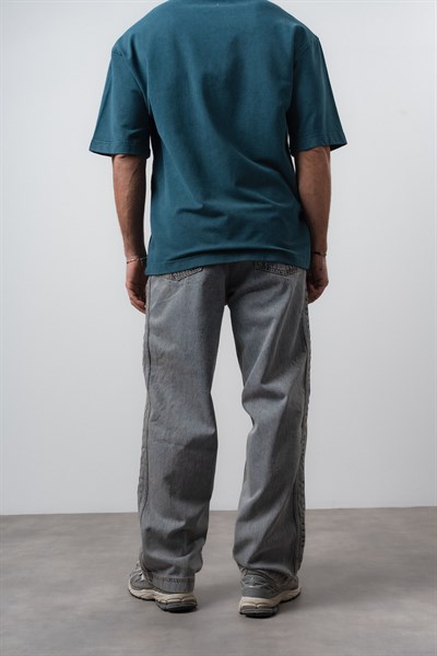 Erkek Yan Şerit Detaylı Baggy Jean Mavi