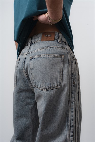 Erkek Yan Şerit Detaylı Baggy Jean Mavi