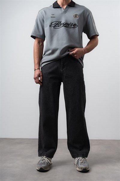 Erkek Yan Şerit Detaylı Baggy Jean Siyah