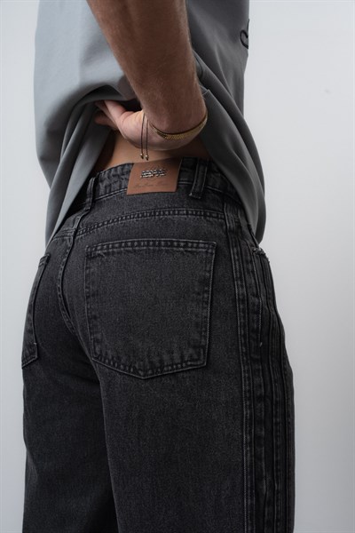 Erkek Yan Şerit Detaylı Baggy Jean Siyah
