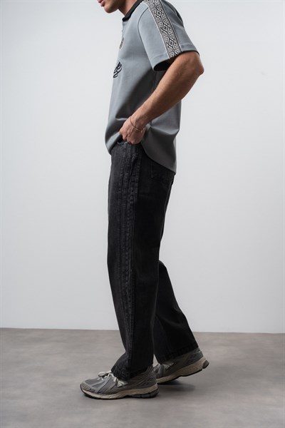 Erkek Yan Şerit Detaylı Baggy Jean Siyah