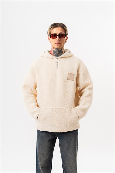Erkek Yarım Fermuarlı Kapüşonlu Oversize Peluş Hoodie Ekru