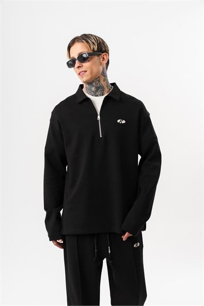 Erkek Yarım Fermuarlı Modal Sweatshirt Siyah
