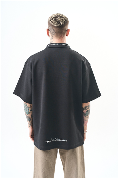 Erkek Yarım Fermuarlı Nakışlı Oversize T-Shirt Füme